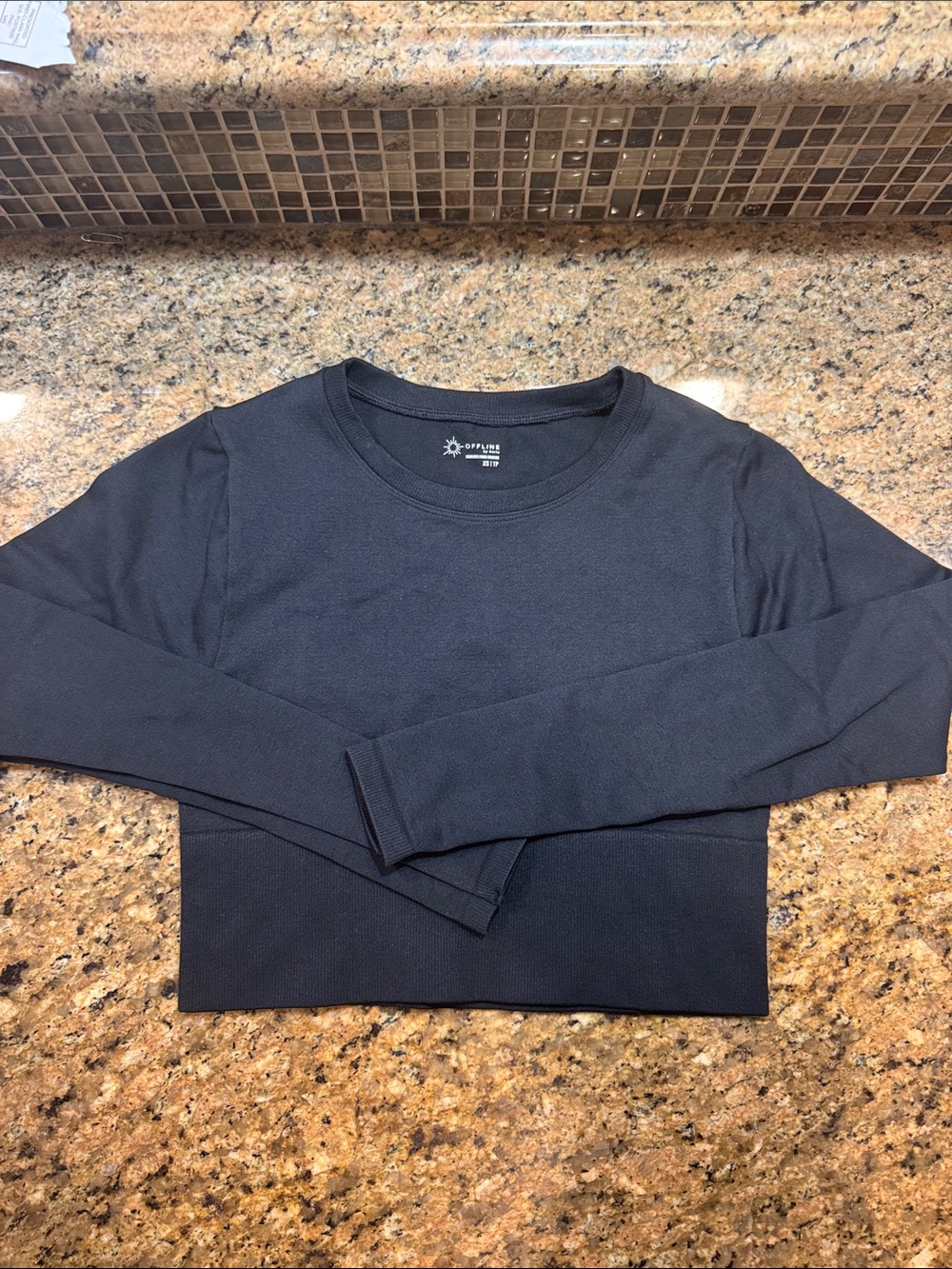 Offline by Aerie Cropped Black Long Sleeve Top Seamless Size XS